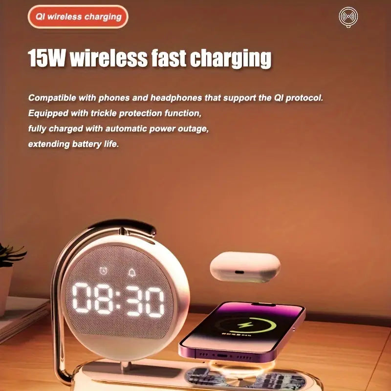 Tropical night light with wireless charger and digital alarm clock