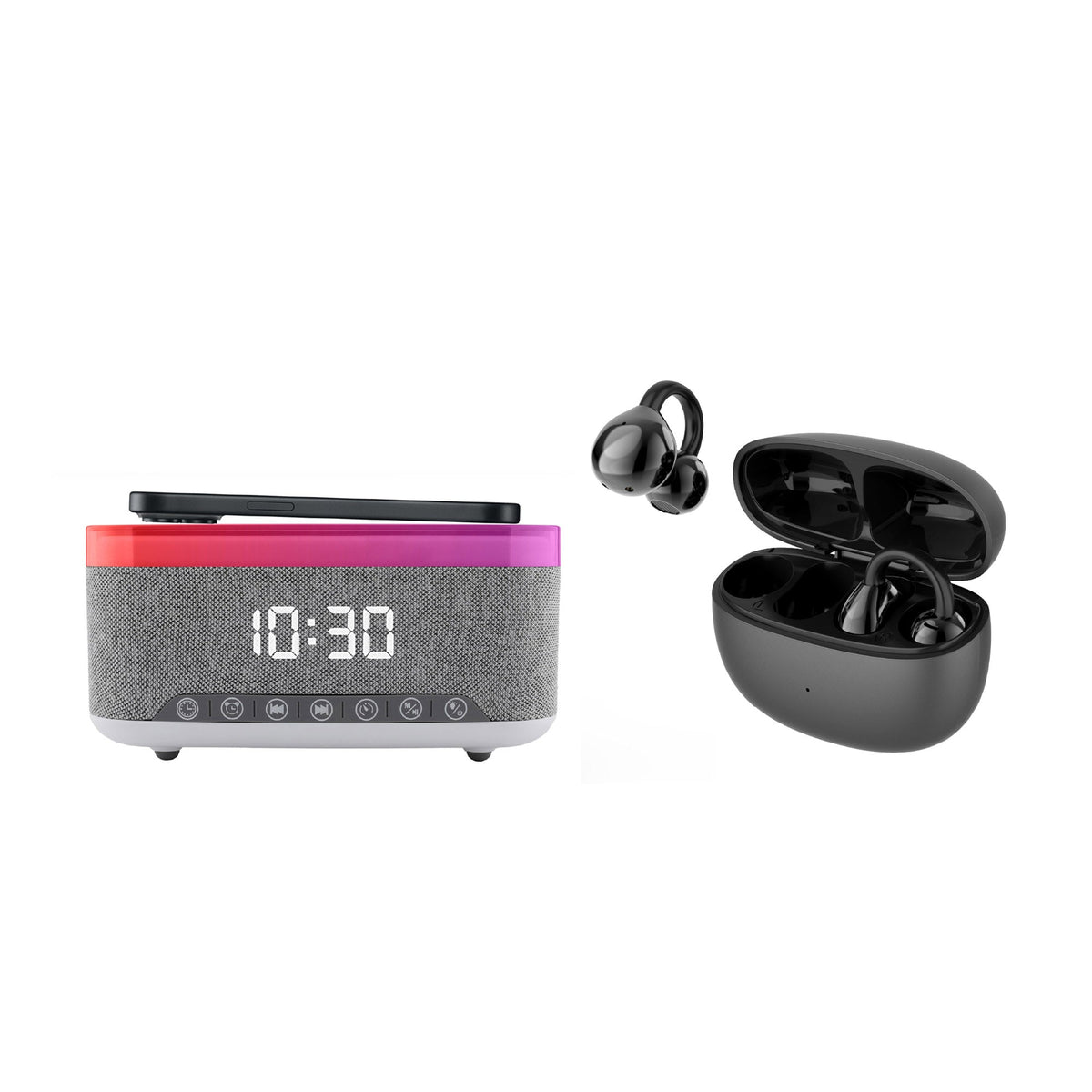 Wireless audio and charging alarm clock bundle