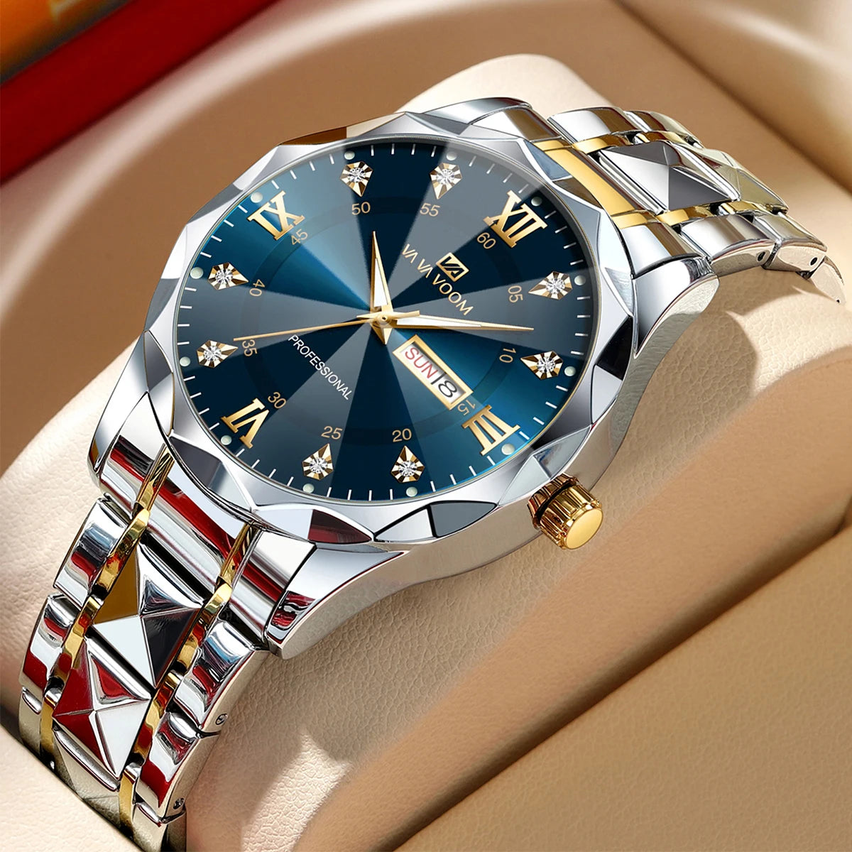 men’s blue & gold business watch