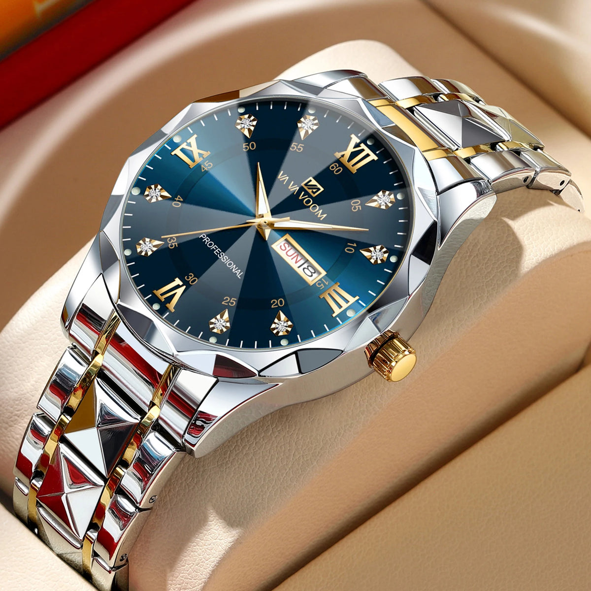 men’s blue & gold business watch